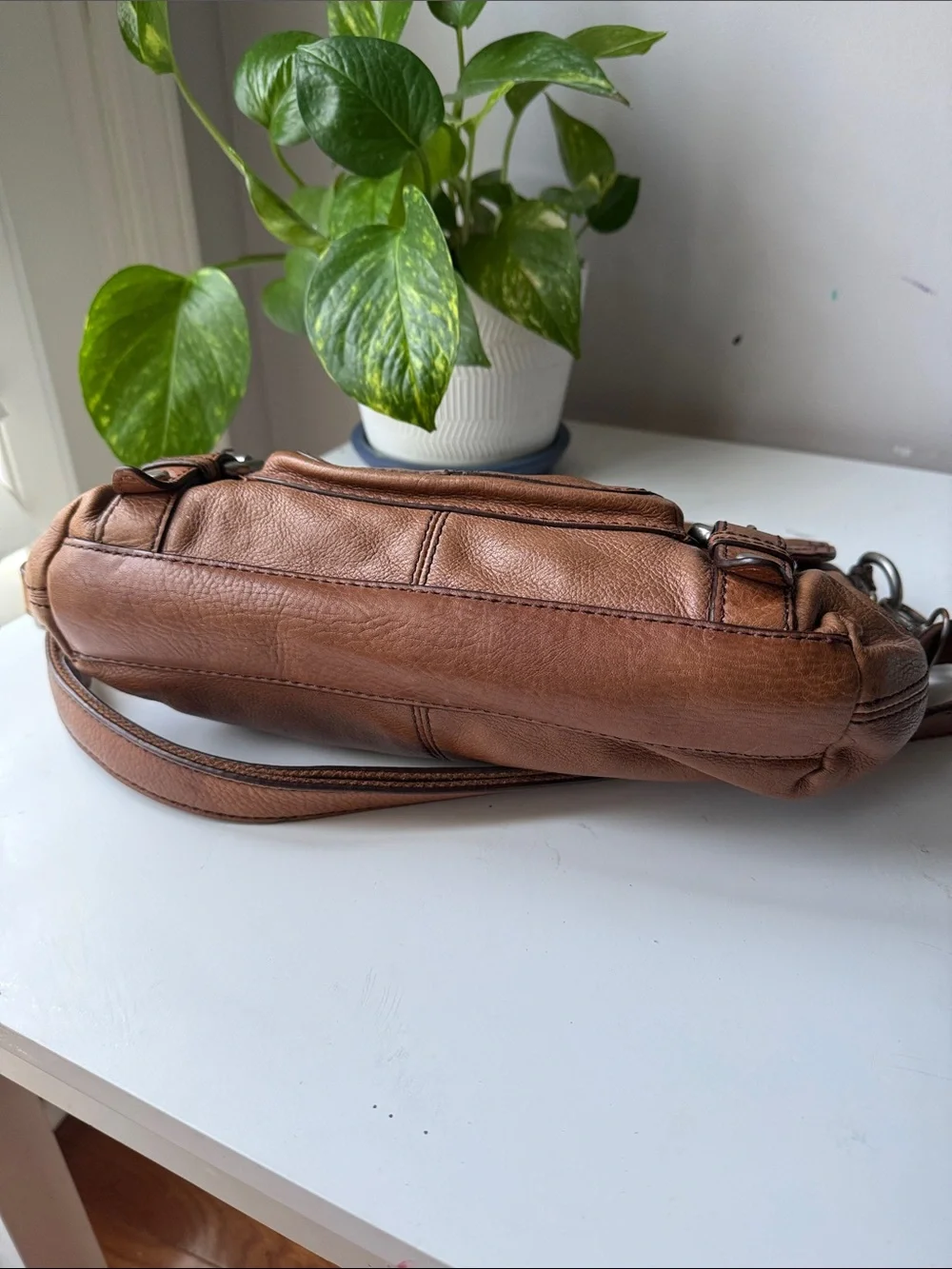Fossil Tan Leather Messenger Bag with Silver Hardware